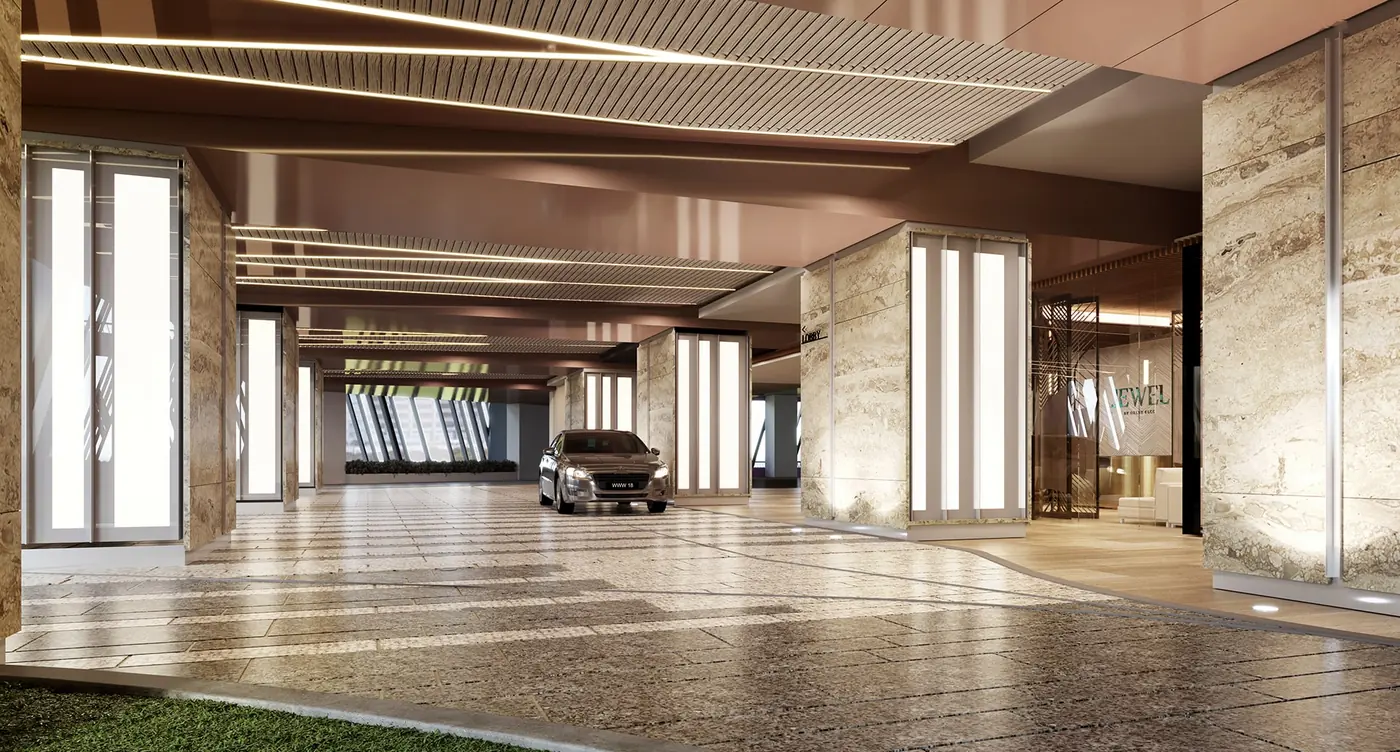 Arrival porte-cochere at Jewel, Oxley Towers KLCC, in travertine and timber