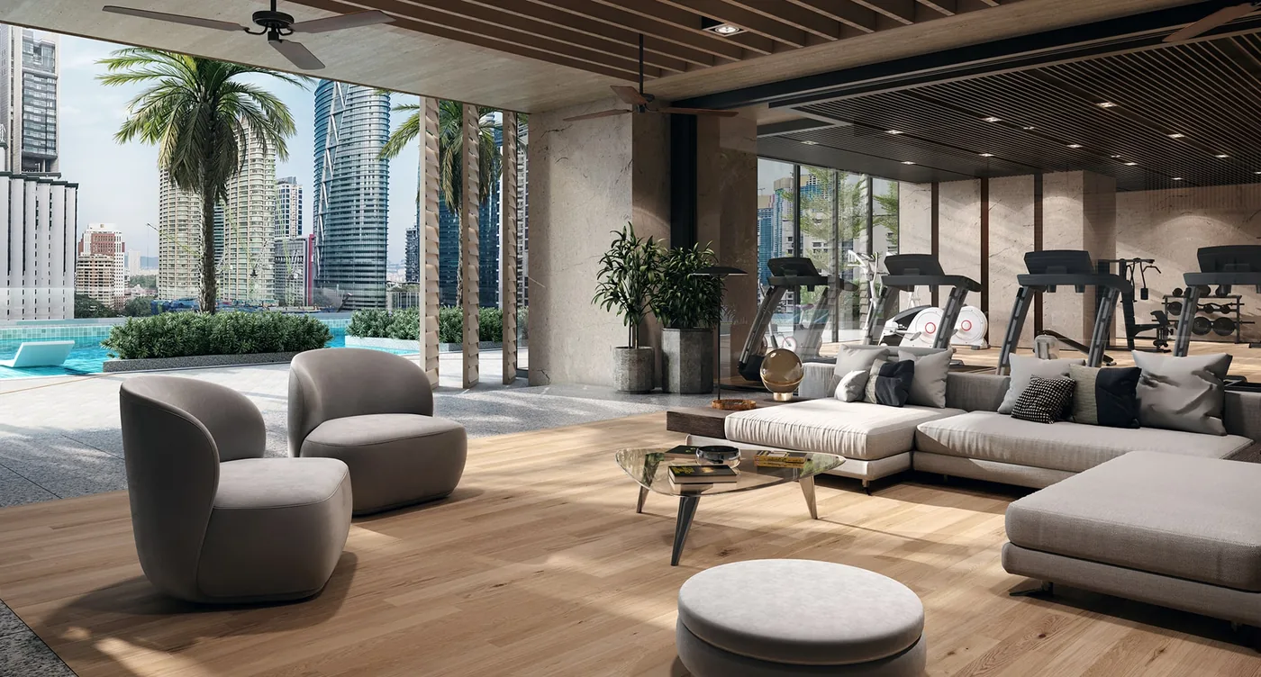 Jewel residents lounge and gym overlooking the pool and Kuala Lumpur skyline